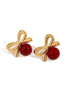 18K Gold Plated Red Bow Stud Earrings